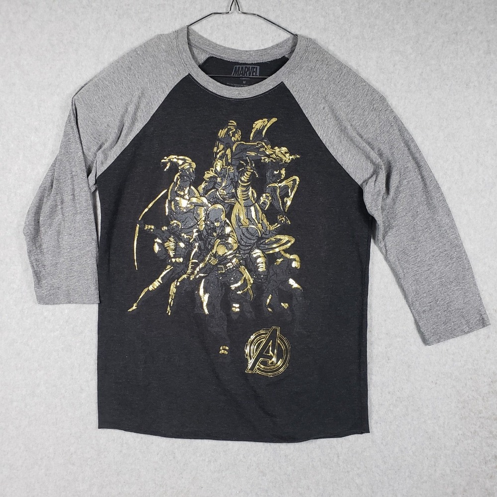 Marvel Avengers‎ Men's M 3/4 Sleeve Raglan T-Shirt Black Grey Gold Foil Logo
